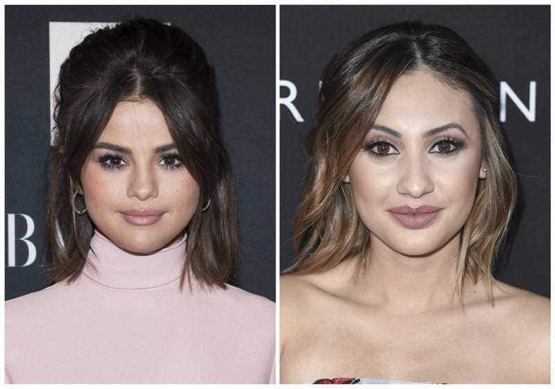 In this combination photo, Selena Gomez, left, attends the Harper's BAZAAR "Icons by Carine Roitfed"' party on Sept. 8, 2017 in New York and Francia Raisa attends the LA premiere of "13 Reasons Why" in Los Angeles on March 30, 2017.
