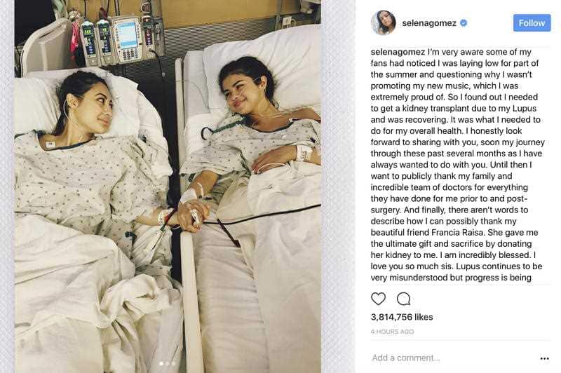 In this undated image posted on Selena Gomez's Instagram account on Thursday, Sept. 14, 2017, Gomez, right, holds hands with actress Francia Raisa in a hospital.