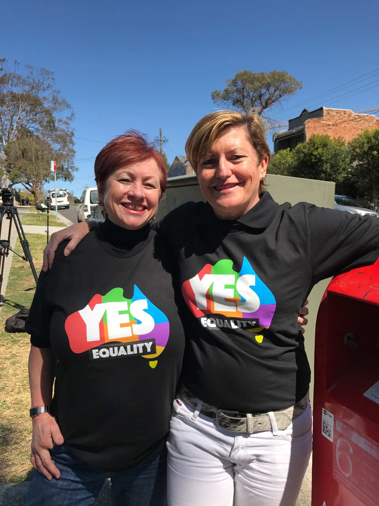 Liberal Party Councillor (And sister of Tony Abbott) Christine Forster and Partner Virginia Edwards, standing near a letterbox while attending a Same Sex Marriage "Yes" campaign event in Sydney, New South Wales. (AAP IMAGE/Julia Carlisle) NO ARCHIVING