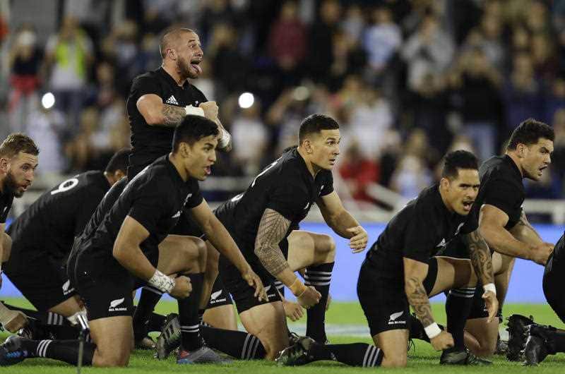 New Zealand's All Blacks players perform the Haka during a rugby Championship match against Argentina in Buenos Aires, Argentina, Saturday, Sept. 30, 2017.