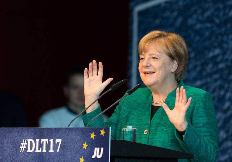 German chancellor and head of the CDU party Angela Merkel delivers a speech during CDU Young Union congress 'Germany Day' in Dresden, Germany.