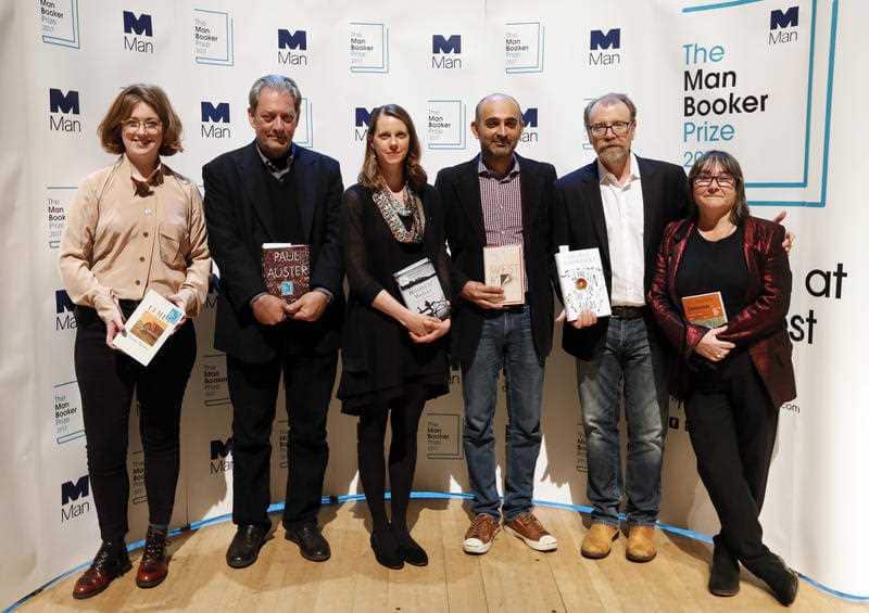 From left, Author Fiona Mozley, Author Paul Auster, Author Emily Fridlund, Author Mohsin Hamid,  Author George Saunders and Author Ali Smith.