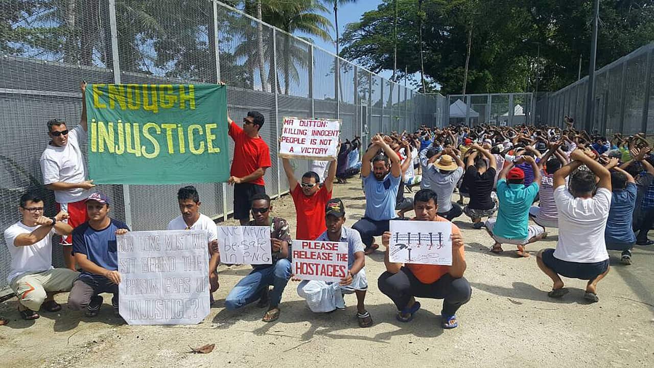 A protest at the Manus Island detention centre in October 2017.