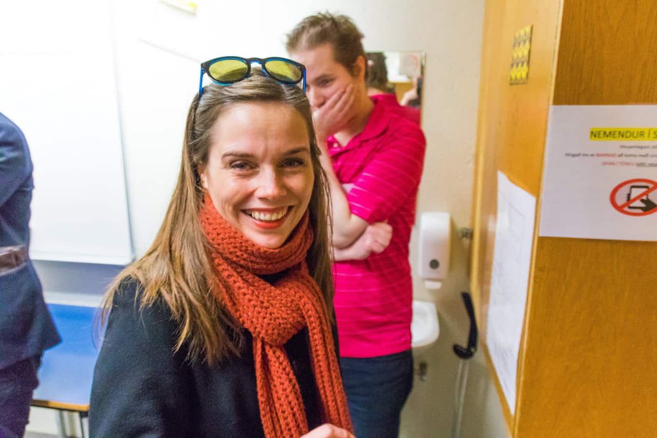 Katrin Jakobsdottir leader of the Left-green movement a candidate in the Icelandic parliamentary elections at a polling station in Reykjavik