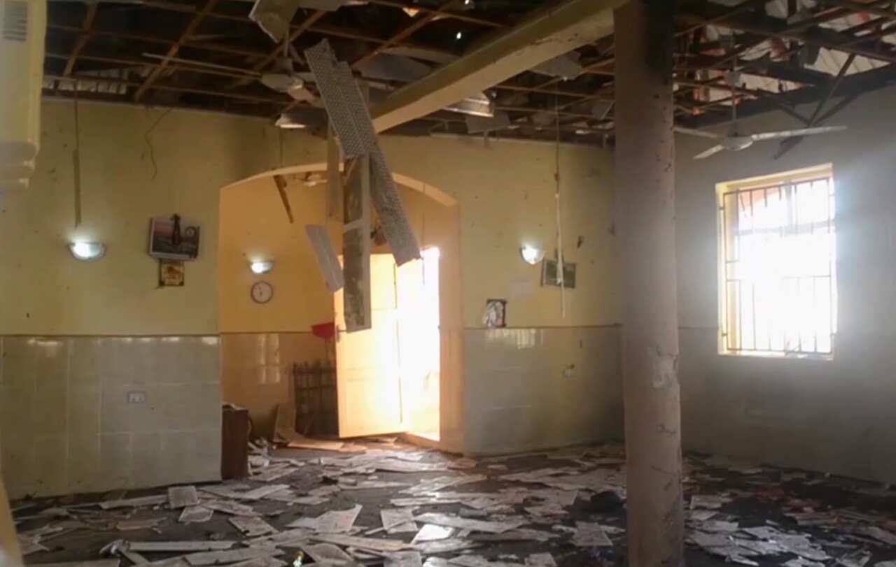 This image taken from TV, shows the interior of a mosque after a deadly attack by a suicide bomber, in Mubi, Adamawa State, Nigeria, Tuesday Nov. 21, 2017.  