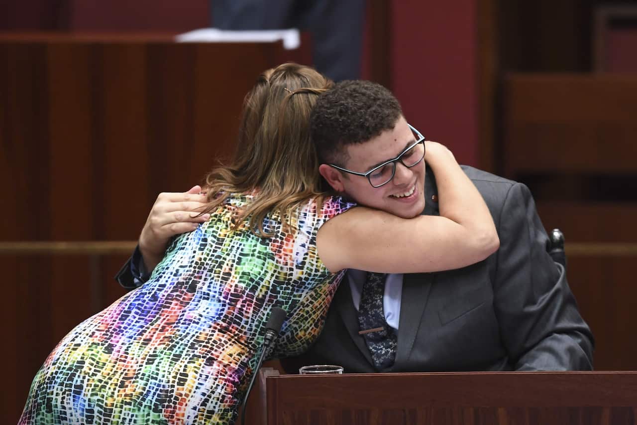 Senator Jordon Steele-John is congratulated after delivering his maiden speech in 2017.