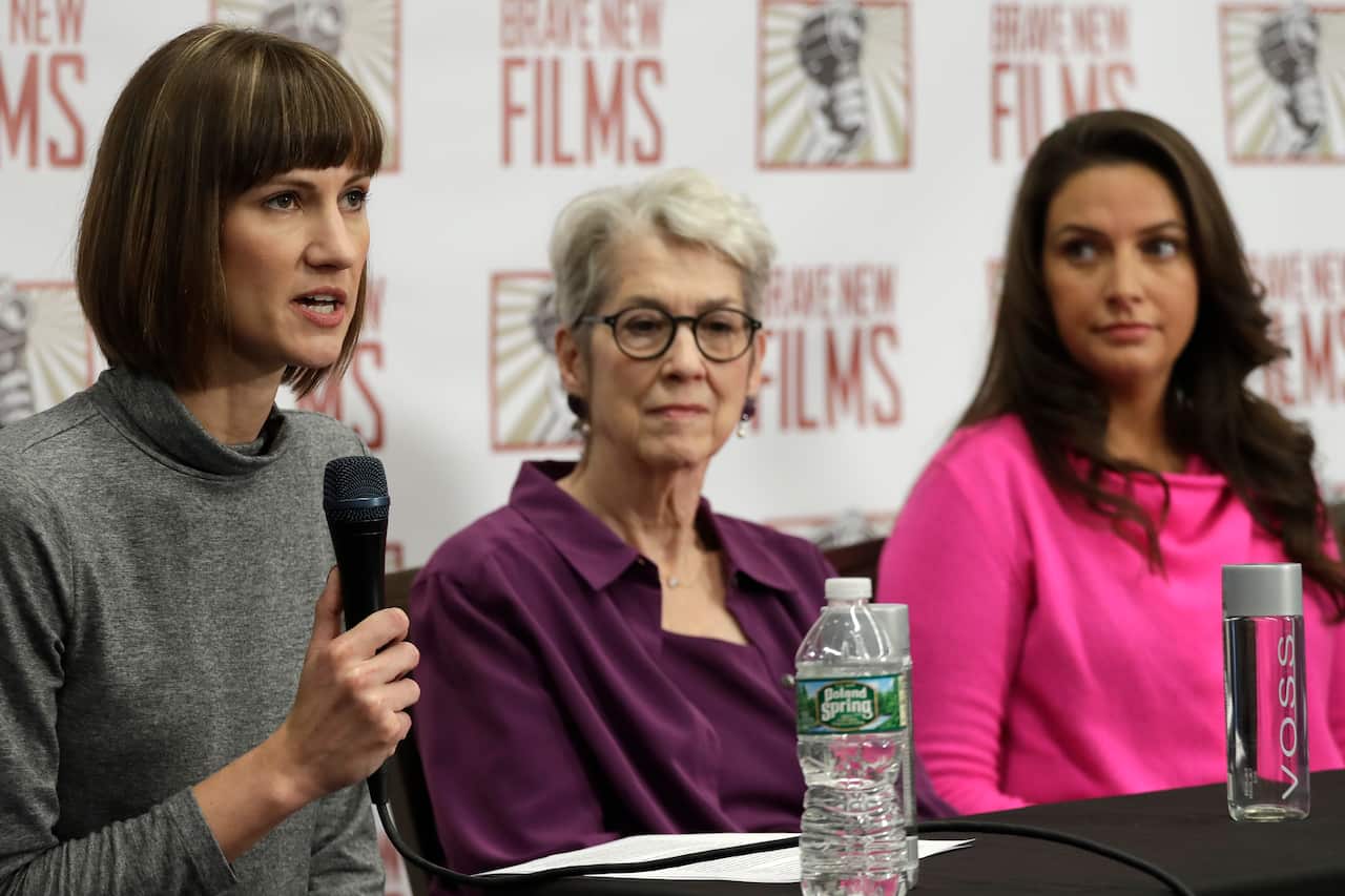Rachel Crooks, Jessica Leeds, and Samantha Holvey attend a news conference in 2017 to discuss their accusations of sexual misconduct against Donald Trump