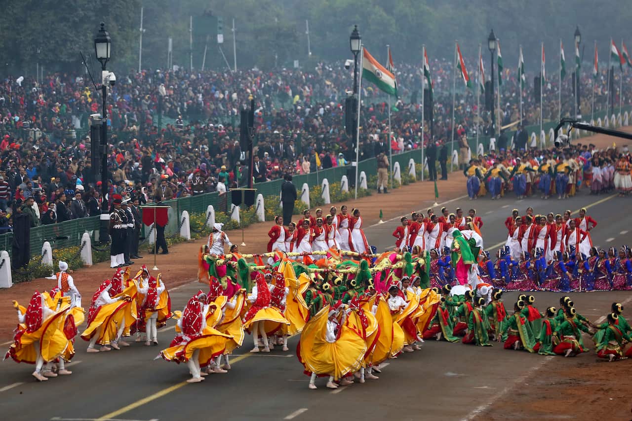 Indian cultural artists from various states perform at Rajpath, the ceremonial boulevard in New Dehli