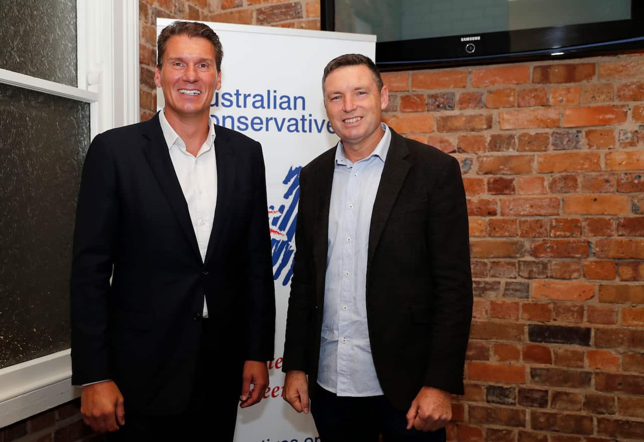 Cory Bernardi (left) of the Australian Conservatives party and Lyle Shelton, who joined his party during an official announcement in Toowoomba.