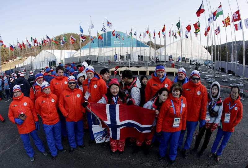 Norway's Olympic team poses for a photo during a welcoming ceremony at the Pyeongchang Olympic Village ahead of the 2018 Winter Olympics in Pyeongchang, South Korea, Thursday, February 8, 2018.