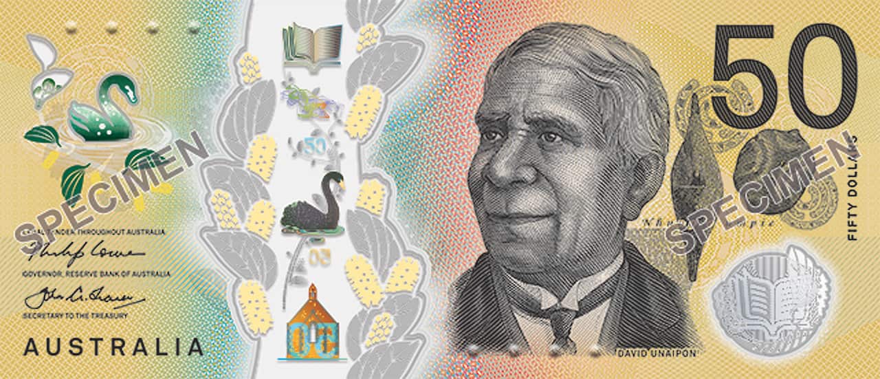 A portrait of David Unaipon, an inventor and Australia's first published Aboriginal author, on the new $50 bank note.