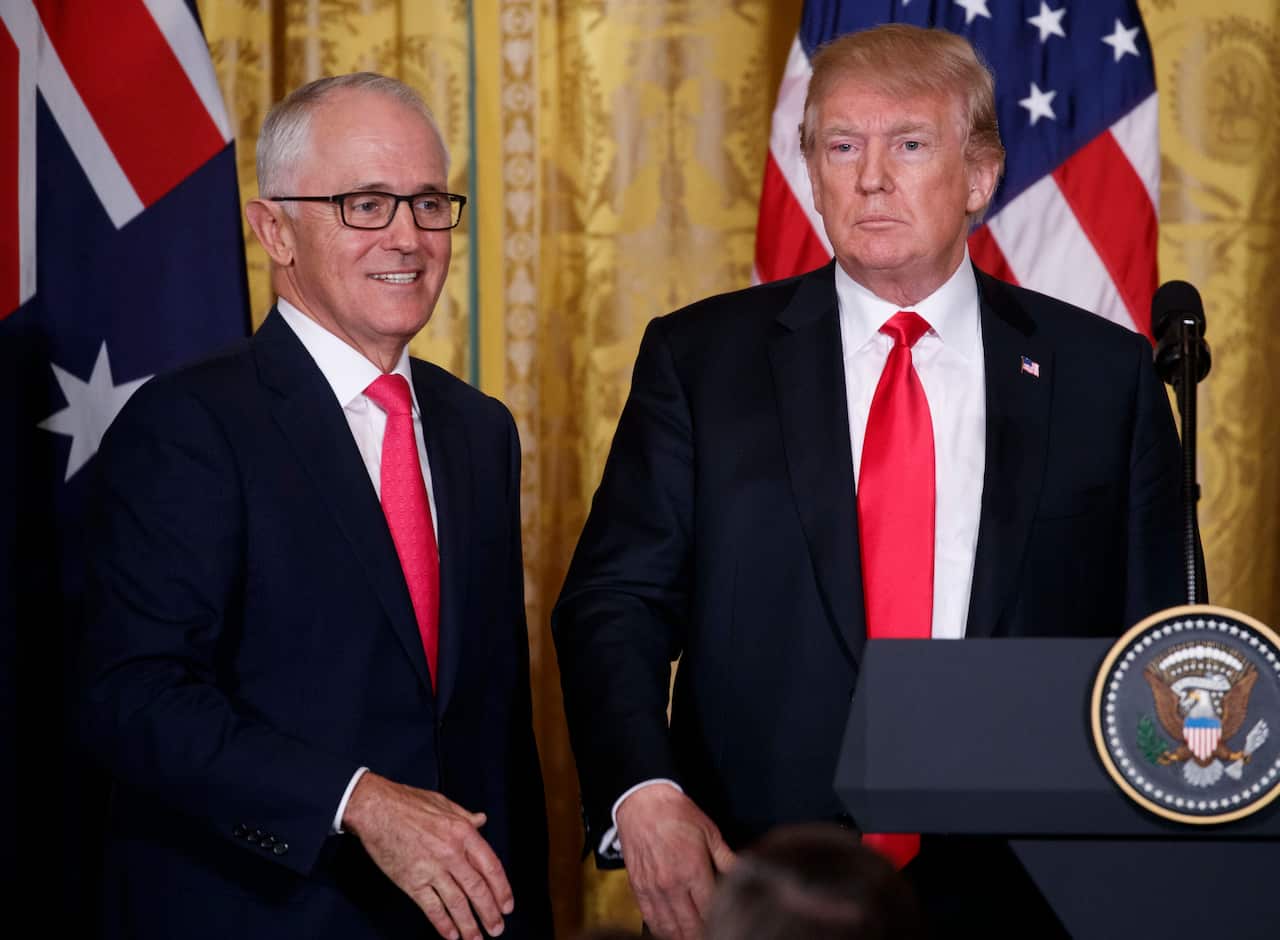 US President Donald Trump and Malcolm Turnbull during a press conference at the White House in 2018.