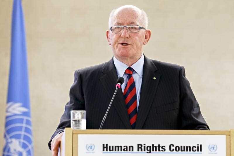 Australian Governor-General Sir Peter Cosgrove delivers a statement to the UN Human Rights Council