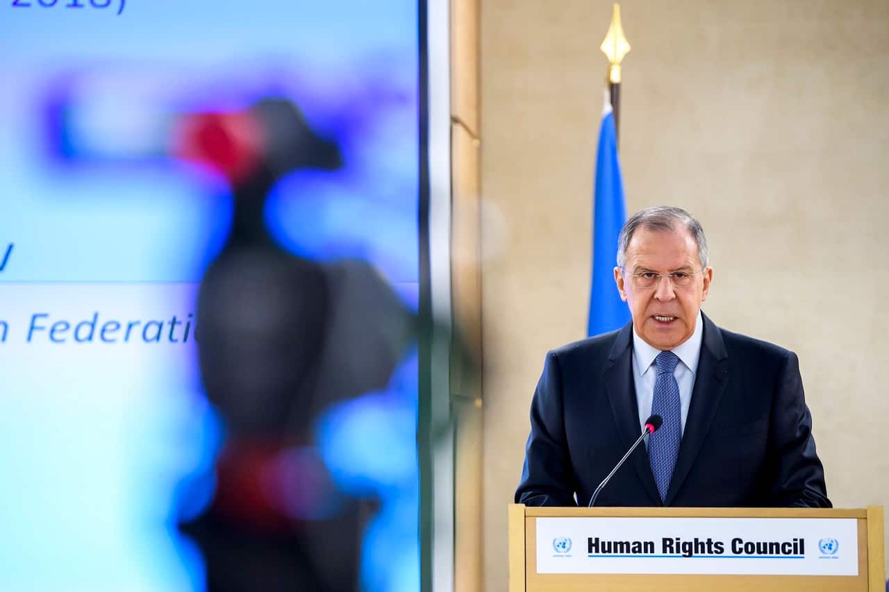 Russian Foreign Minister Sergey Lavrov delivers a speech during the 37th session of the Human Rights Council in Geneva.