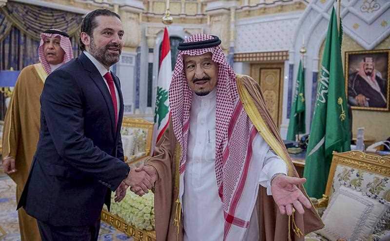 King Salman bin Abdul-Aziz Al Saud welcomes Lebanese Prime Minister Saad al-Hariri in Al-Yamama palace in Riyadh, Saudi Arabia.