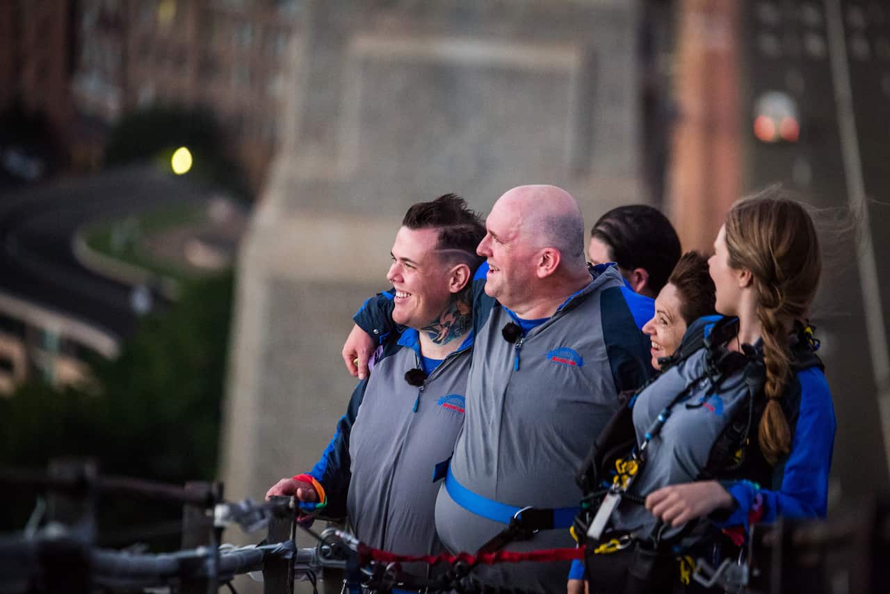 Paul Phillips and Warren Orlandi on top of the Sydney Harbour Bridge.