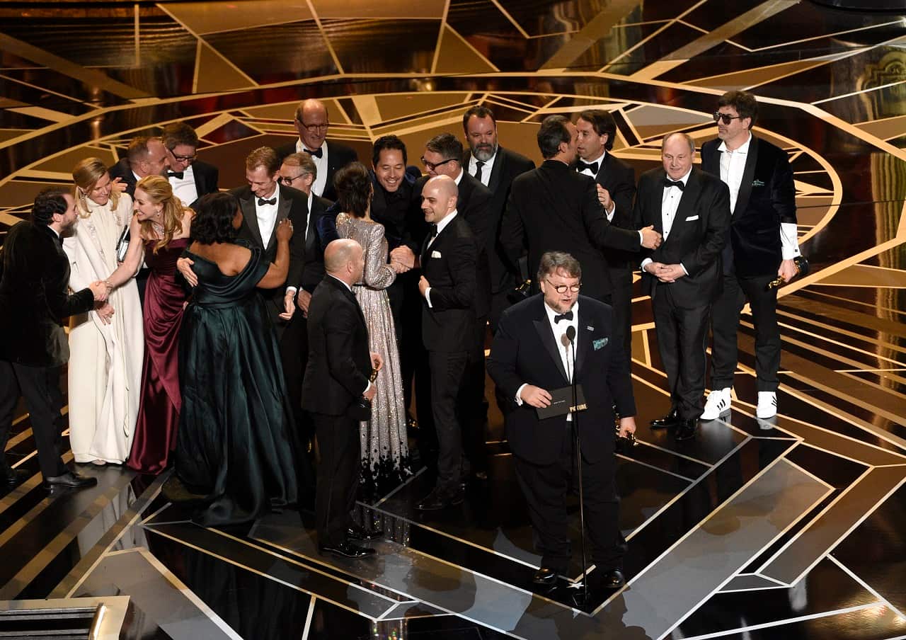 Guillermo del Toro and the cast and crew of "The Shape of Water" accept the award for best picture at the Oscars.