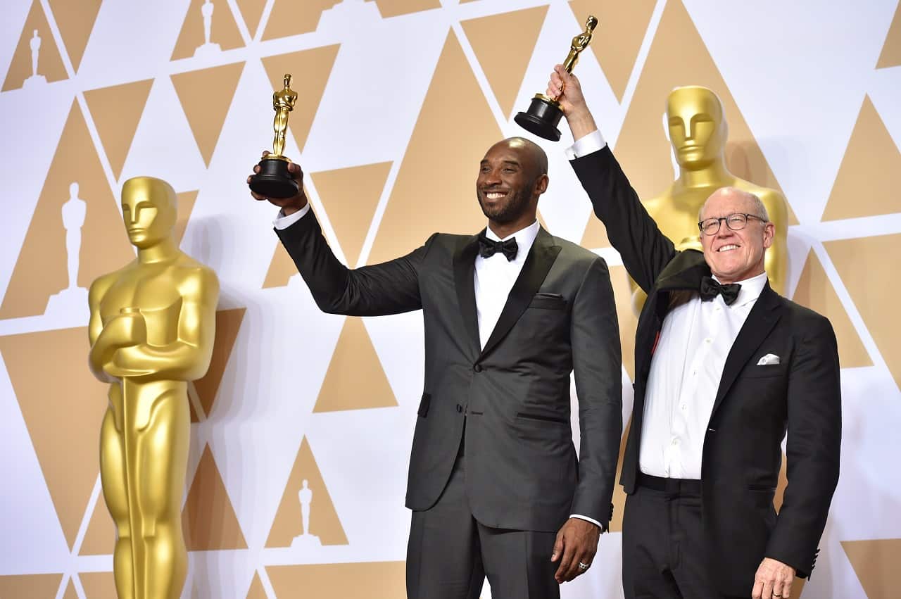 Filmmakers Kobe Bryant and Glen Keane, winners of the Animated Short award for Dear Basketball at the 90th Academy Awards.