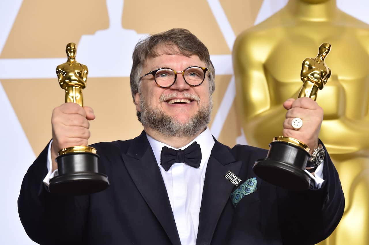 Guillermo Del Toro with his Oscars for Best Director and Best Picture at the 90th Academy Awards held at the Dolby Theatre in Hollywood.