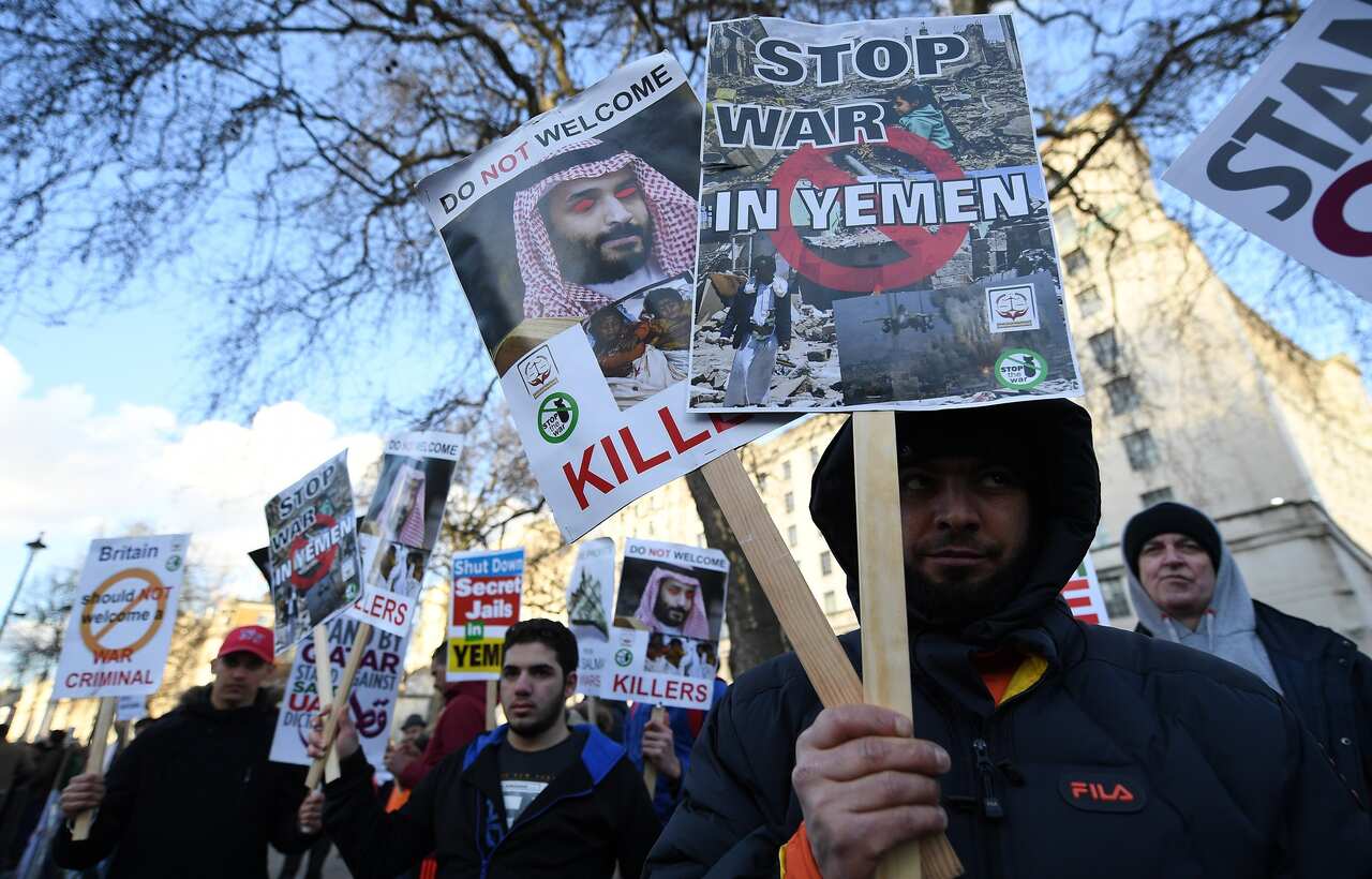 Protesters demonstrate against the visit of Saudi Arabia's Crown Prince Mohammad bin Salman Al Saud visit outside Downing Street, London,07 March 2018.