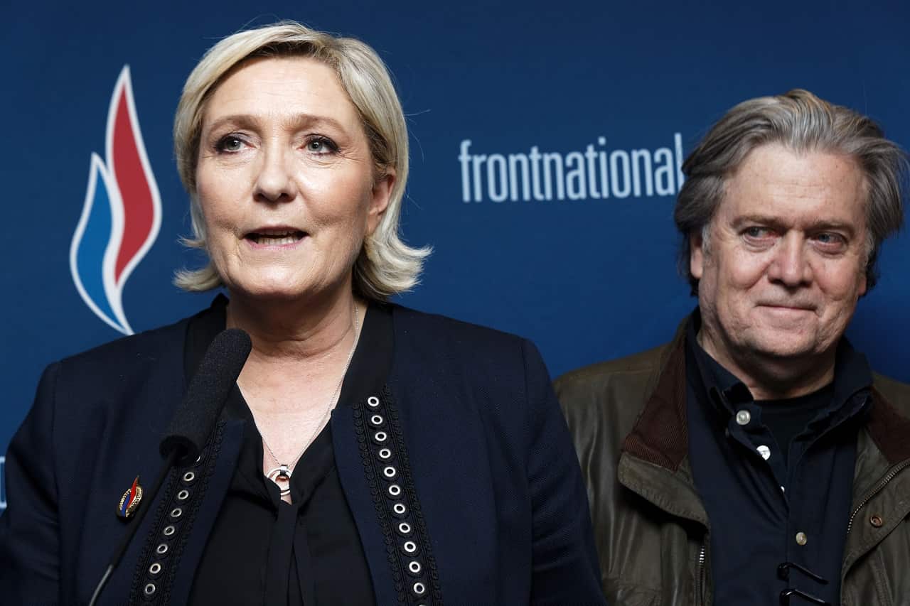 Front National (FN) president Marine Le Pen and former US President advisor Steve Bannon at the party annual congress on March 10, 2018.