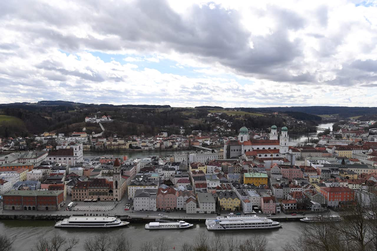 An aerial view of the lower Bavarian three-river city Passau in Germany.