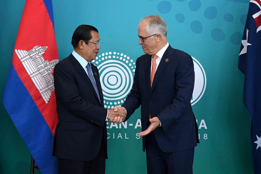 Cambodian Prime Minister Hun Sen and Malcolm Turnbull in Sydney on March 16.