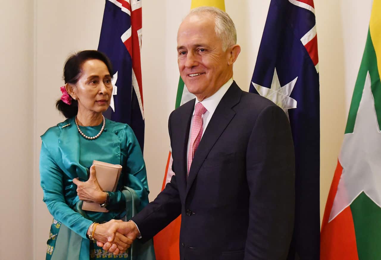 Aung San Suu Kyi and Prime Minister Malcolm Turnbull at Parliament House.