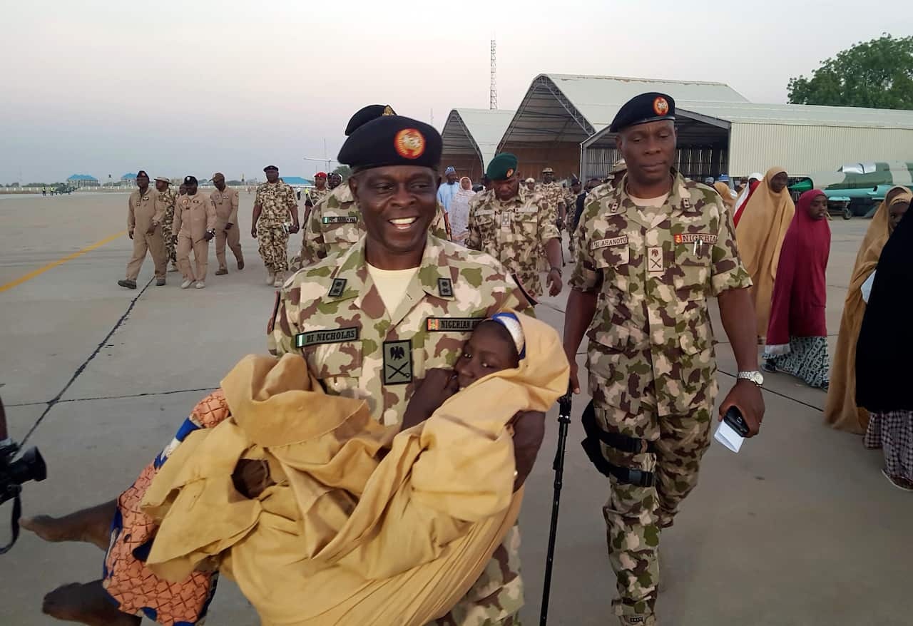 One of the freed  School girl from the Government Girls Science and Technical College Dapchi , during a hand over to government officials in Maiduguri, Nigeria