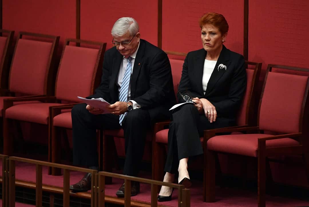 One Nation Senator Brian Burston and One Nation leader Senator Pauline Hanson in the Senate.