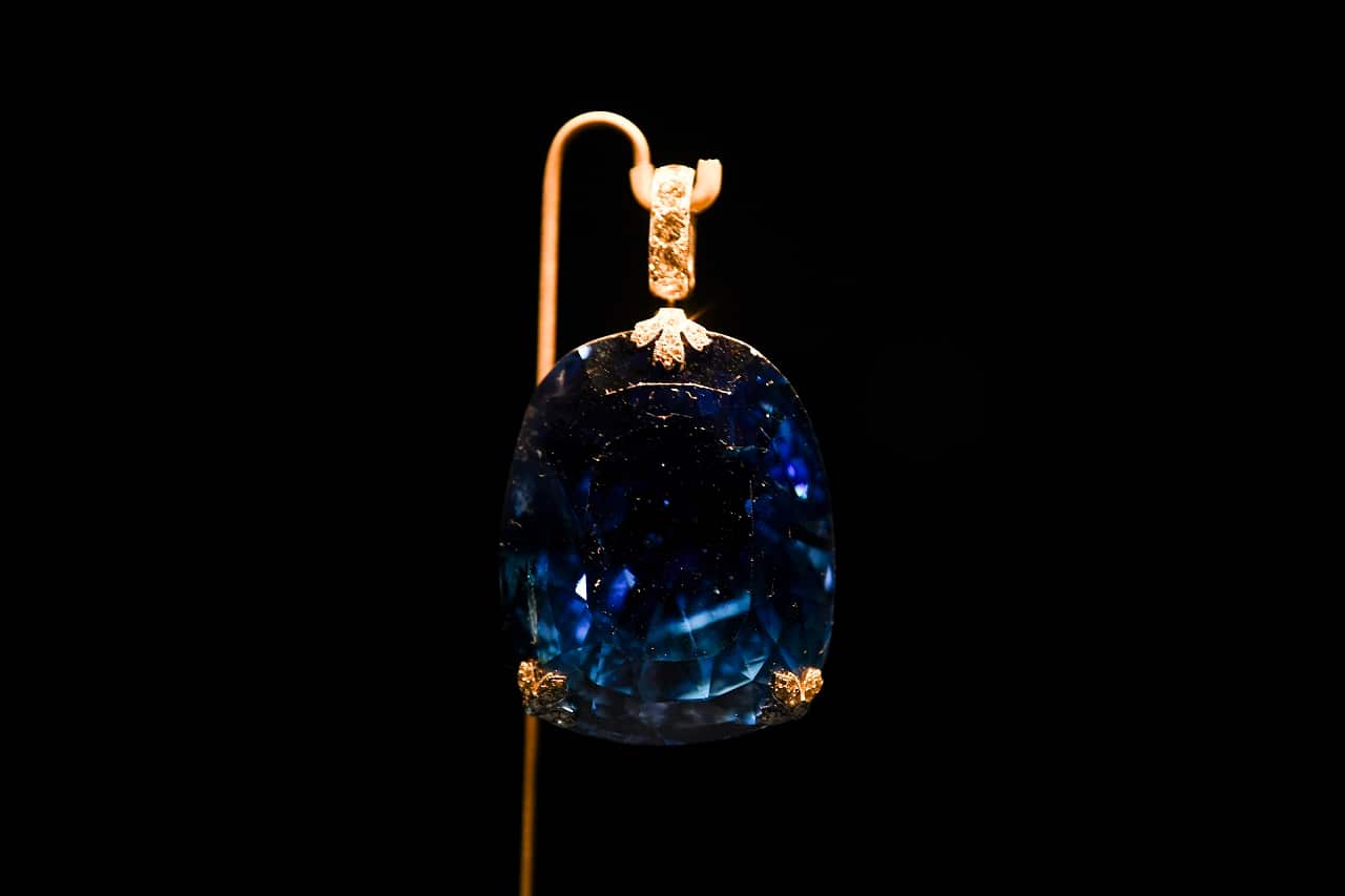 A sapphire pendant is seen at 'Cartier: The Exhibition.