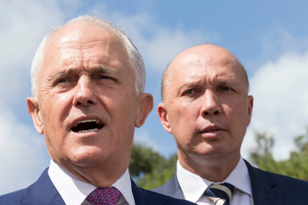 Malcolm Turnbull and Peter Dutton at a press conference in April.