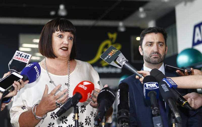 Rugby Australia CEO Raelene Castle speaks to media during a press conference on rugby player Israel Folau's use of social media at Rugby Australia headquarters in Sydney, Friday, April 10, 2018.