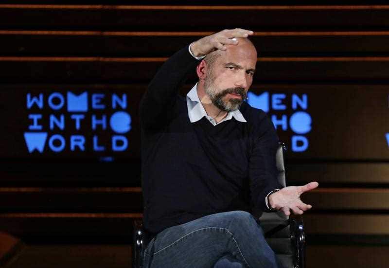 Uber chief Dara Khosrowshahi gestures while speaking at the ninth annual Women in the World Summit Thursday, April 12, 2018.