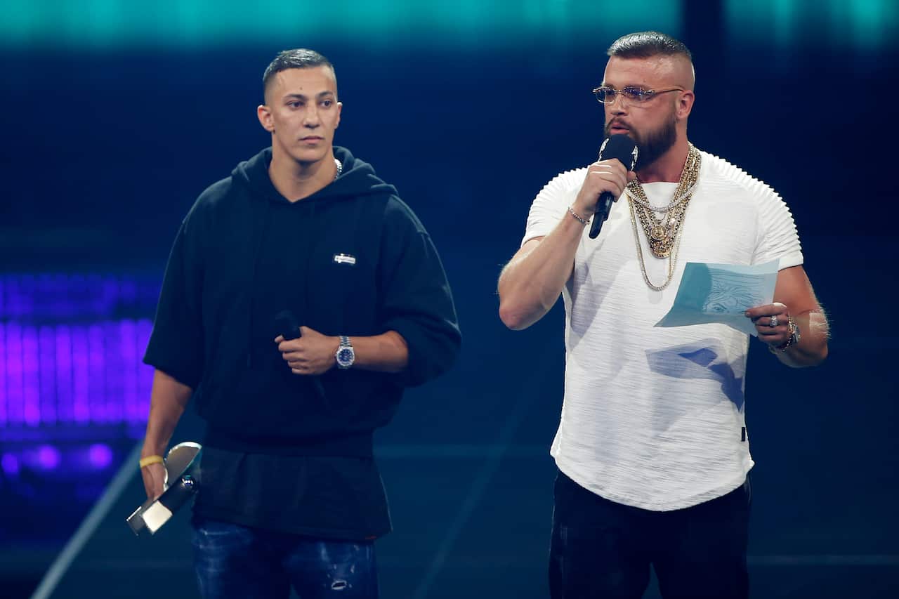 German rappers Kollegah & Farid Bang receive the "Hip-Hop/Urban national" award during the 2018 Echo Music Awards ceremony in Berlin.