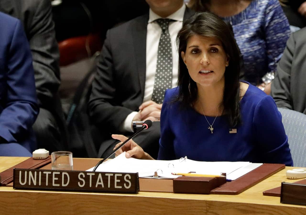 US Ambassador to the UN, Nikki Haley, addresses a Security Council meeting on the situation in Syria at UN headquarters, 14 April 2018.
