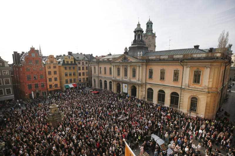 April 2018: A crowd gathered in the Stortorget Square in Stockholm to show their support for former Academy member Sara Danius