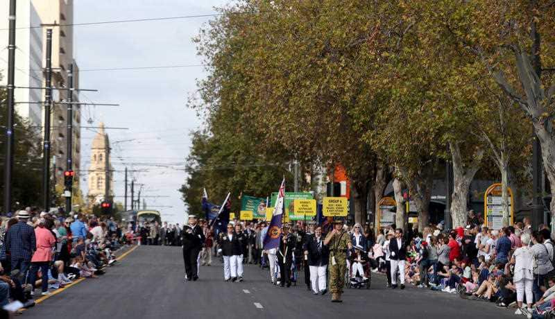 Veterans marching during the parade in Adelaide, Wednesday, April 25, 2018.
