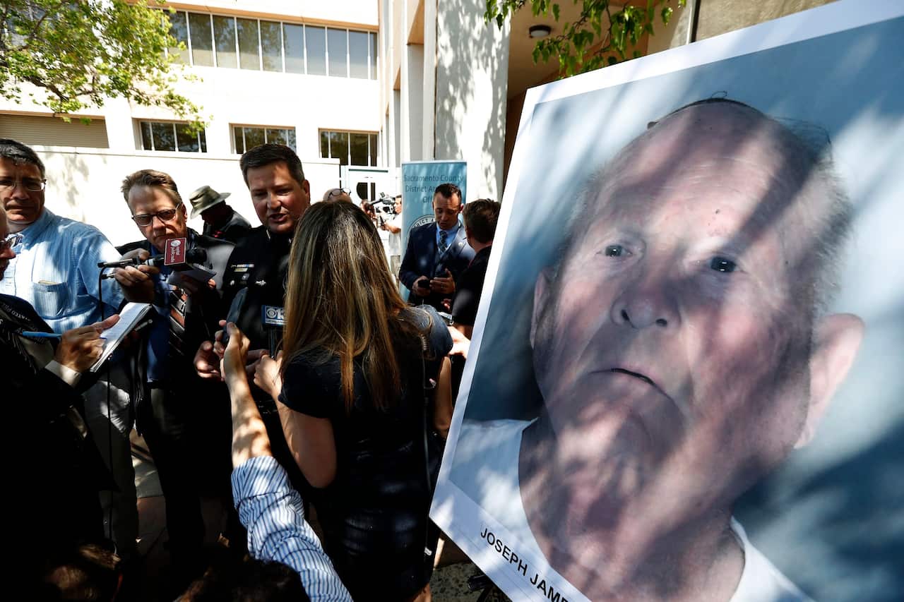 The mug shot of Joseph DeAngelo, 72, is displayed at a police press conference.