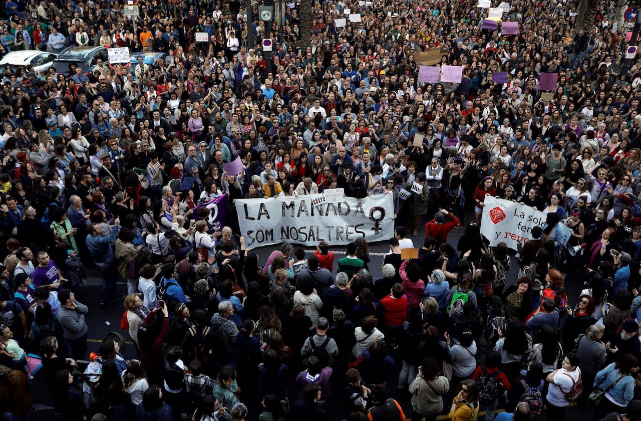 Thousands of people attend a protest against the judiciary sentencing on the trial of five men accused of gang raping an 18-year-old during San Fermin fiestas.