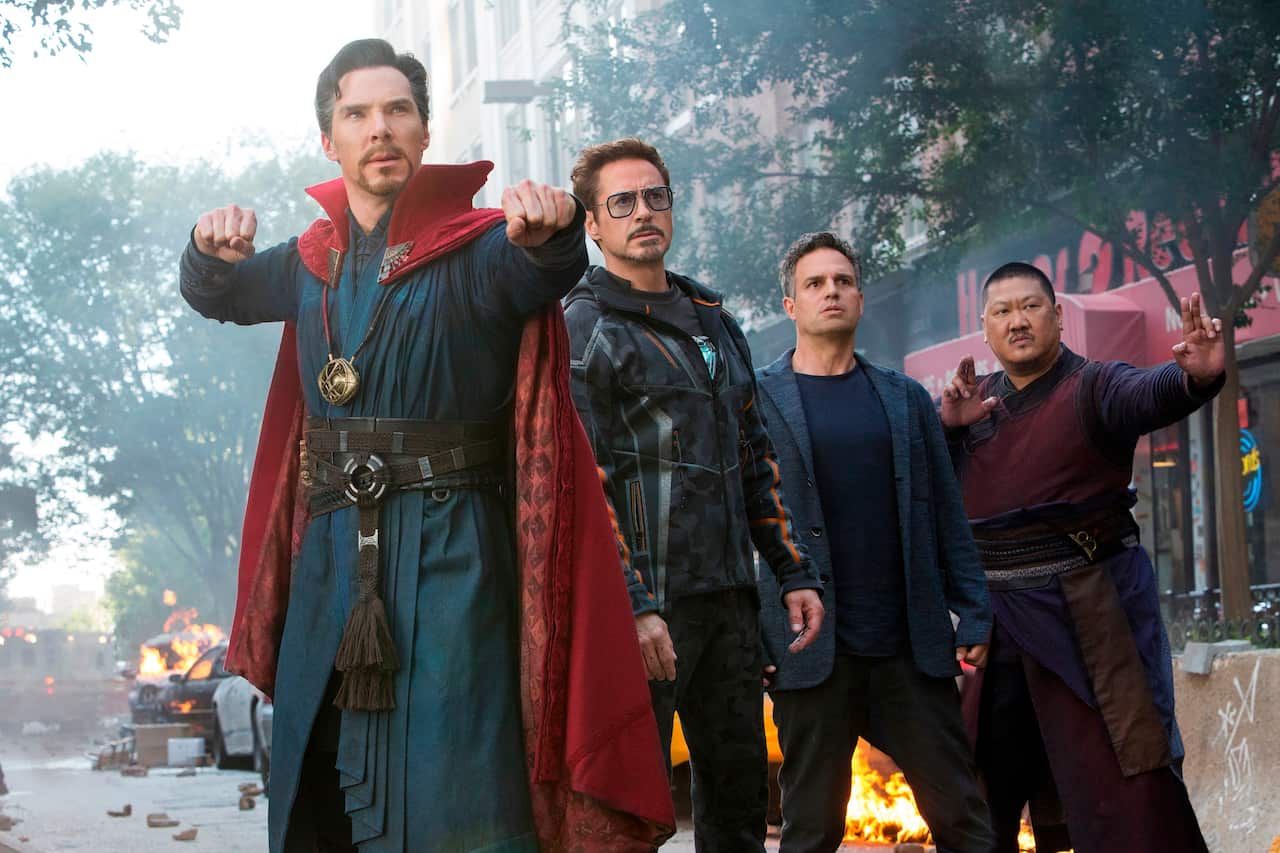 This image released by Marvel Studios shows, from left, Benedict Cumberbatch, Robert Downey Jr., Mark Ruffalo and Benedict Wong in a scene from "Avengers: Infinity War."