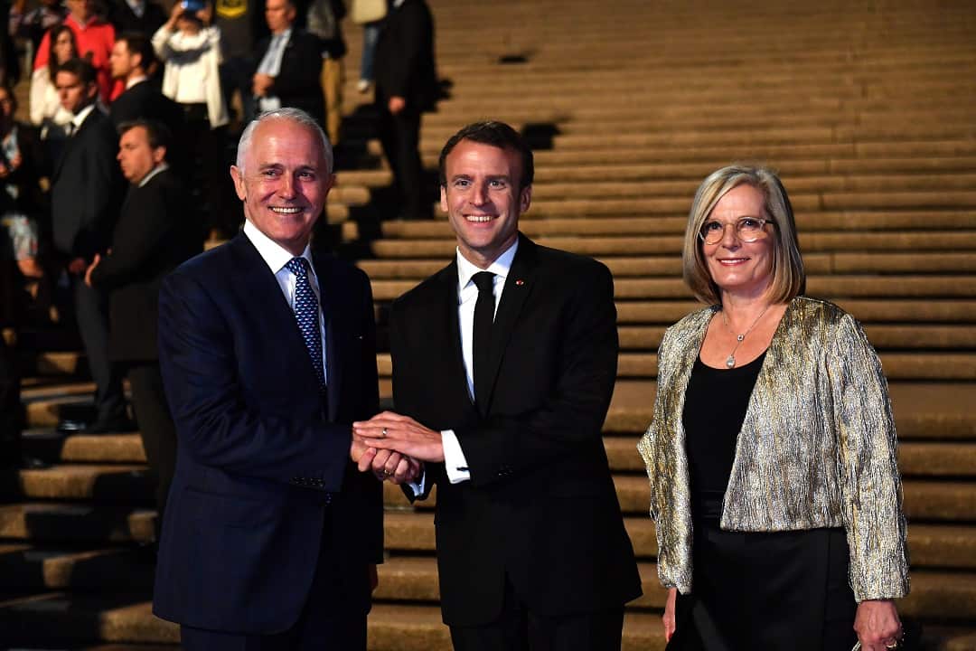France's President Emmanuel Macron meets with Prime Minister Malcolm Turnbull and his wife Lucy Turnbull at the Sydney Opera House.