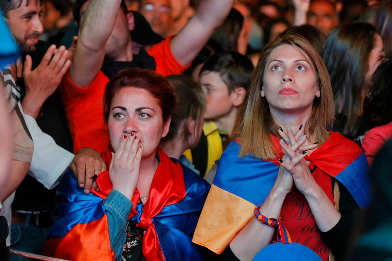 Armenian people attend an opposition rally in Yerevan, Armenia, 01 May 2018.