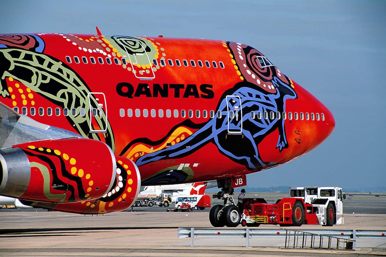 Supplied image of a Qantas Boeing 747 painted in Wunala Dreaming livery