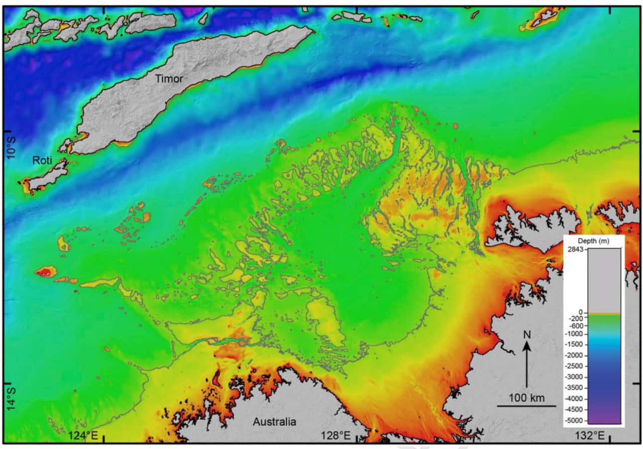 This imagery is showing a now submerged string of islands between Australia and Timor and Roti. The present coastline is shown as a black line.