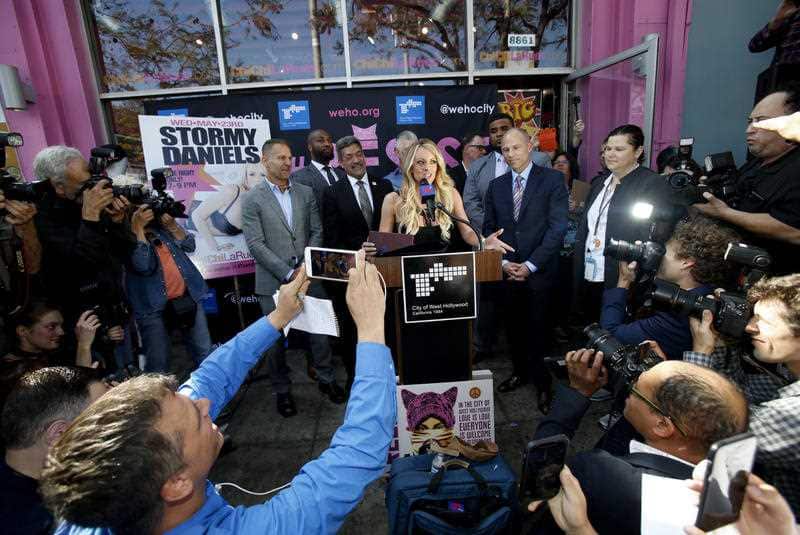 Stormy Daniels, center, speaks during a ceremony for her receiving a City Proclamation and Key to the City on Wednesday, May 23, 2018 in West Hollywood, California.