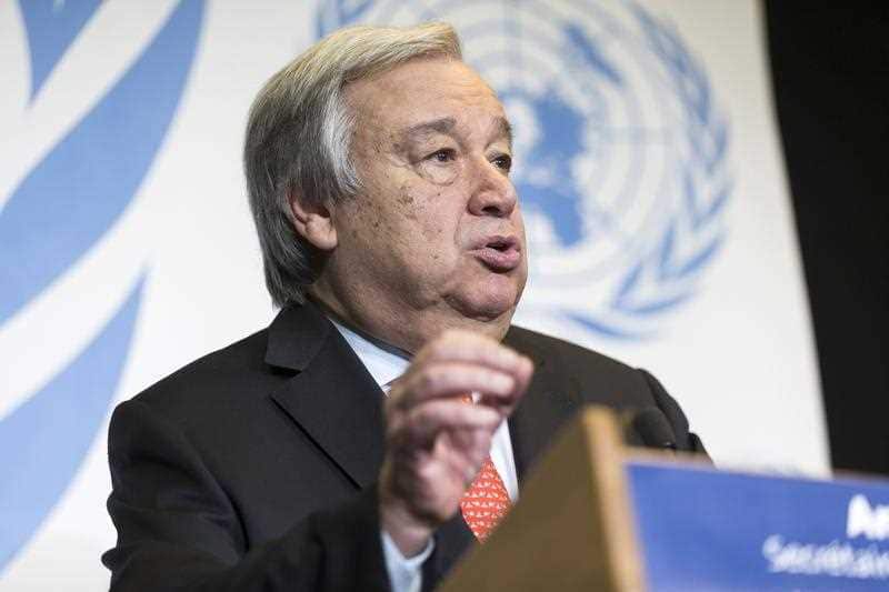 United Nations Secretary General Antonio Guterres presents his disarmament agenda at a public lecture at the University of Geneva, in Geneva, Switzerland, 24 May 2018.