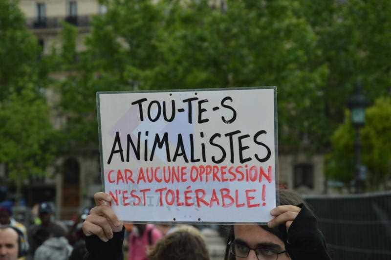 An animal rights activist holds a placard reading "All for animal rights because no oppression is tolerable" in Paris 