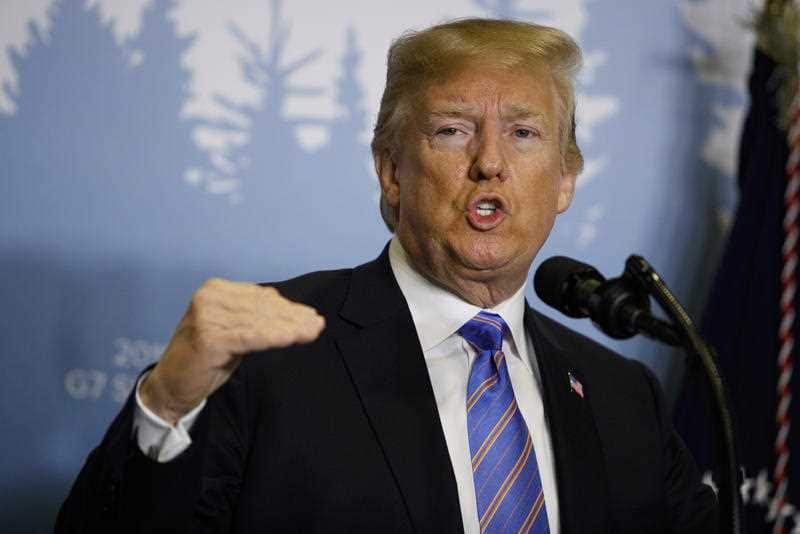 President Donald Trump speaks during a news conference at the G-7 summit, Saturday, June 9, 2018, in La Malbaie, Quebec, Canada.