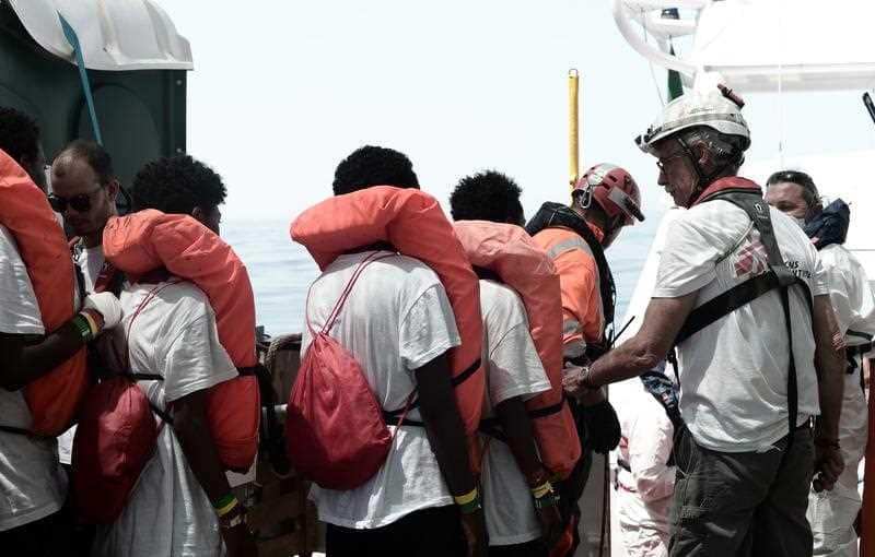 629 migrants boarding rescue vessel 'Aqarius' in the Mediterranean.